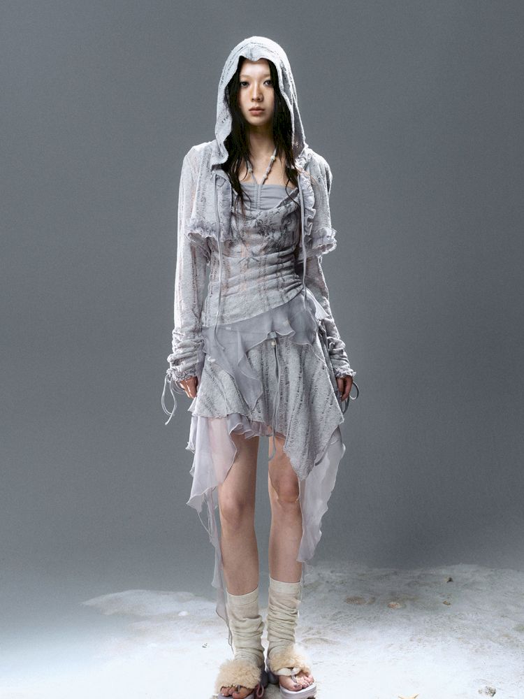 Ruffle Misty Blue Hooded Tunic【s0000012642】