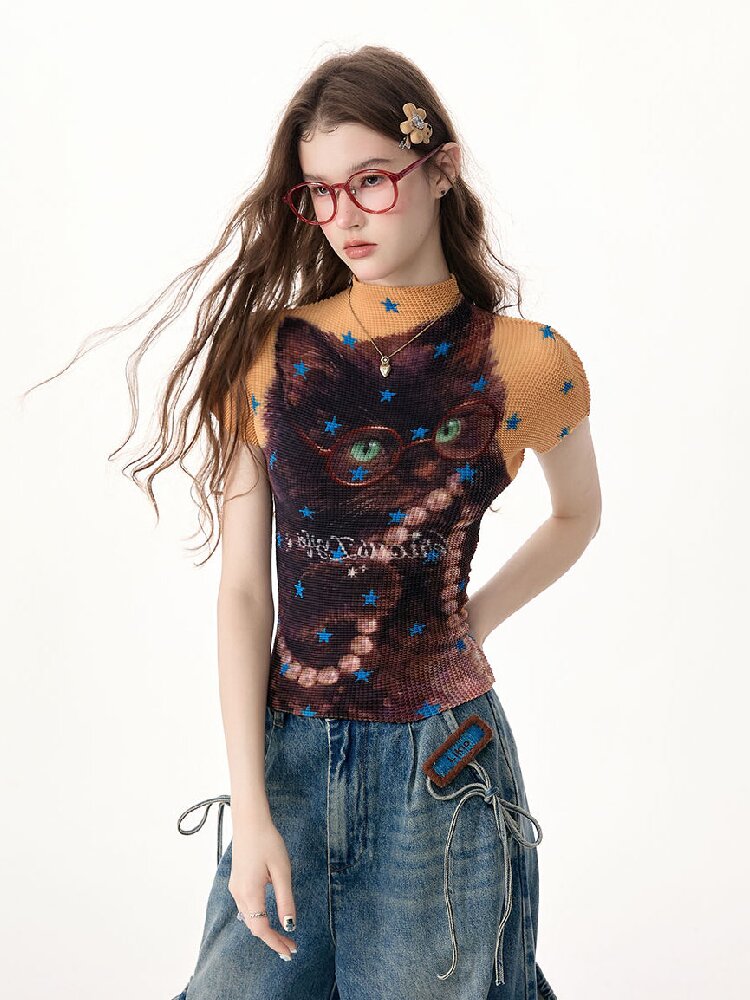 Star Cat Print Pleated T Shirt【s0000017314】
