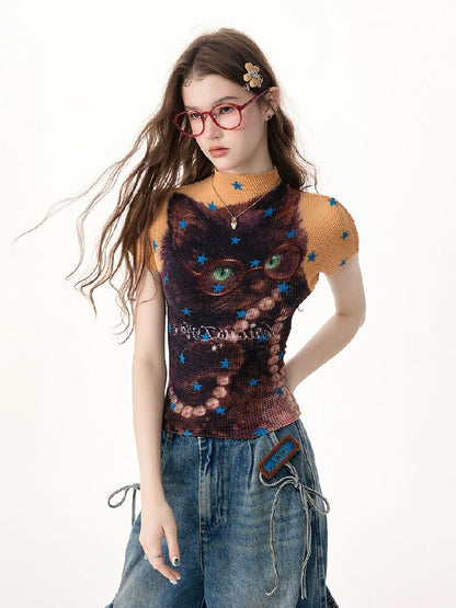 Star Cat Print Pleated T Shirt【s0000017314】