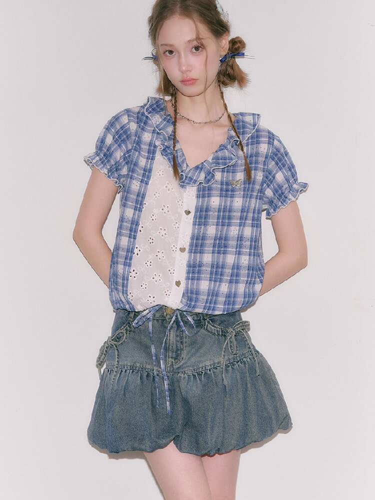 Plaid Splicing Hollow Shirt【s0000016618】