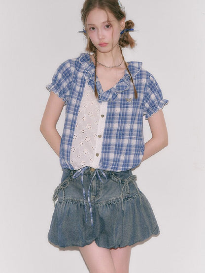 Plaid Splicing Hollow Shirt【s0000016618】