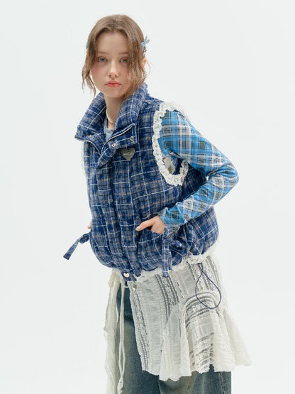 Checkered Splicing Lace Cotton Vest【s0000011504】