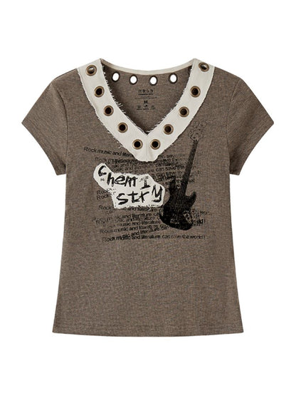 V-Neck Guitar Print Short Sleeve T-Shirt【s0000012424】