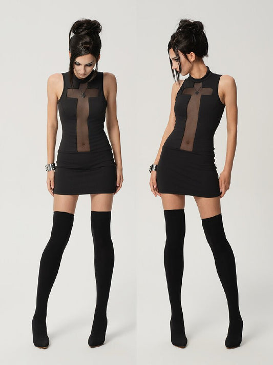 High-Neck Cross-Mesh Dress【s0000017468】