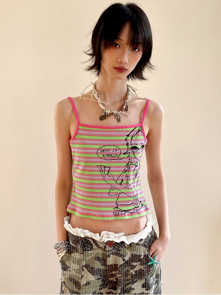 Card-playing girl striped tank top【s0000012959】