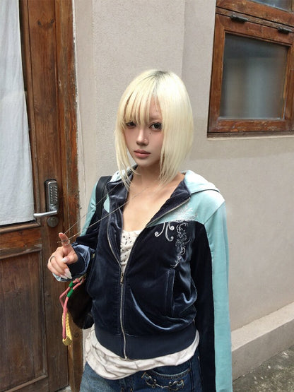 Velvet Color Block Hooded Cardigan【s0000019265】