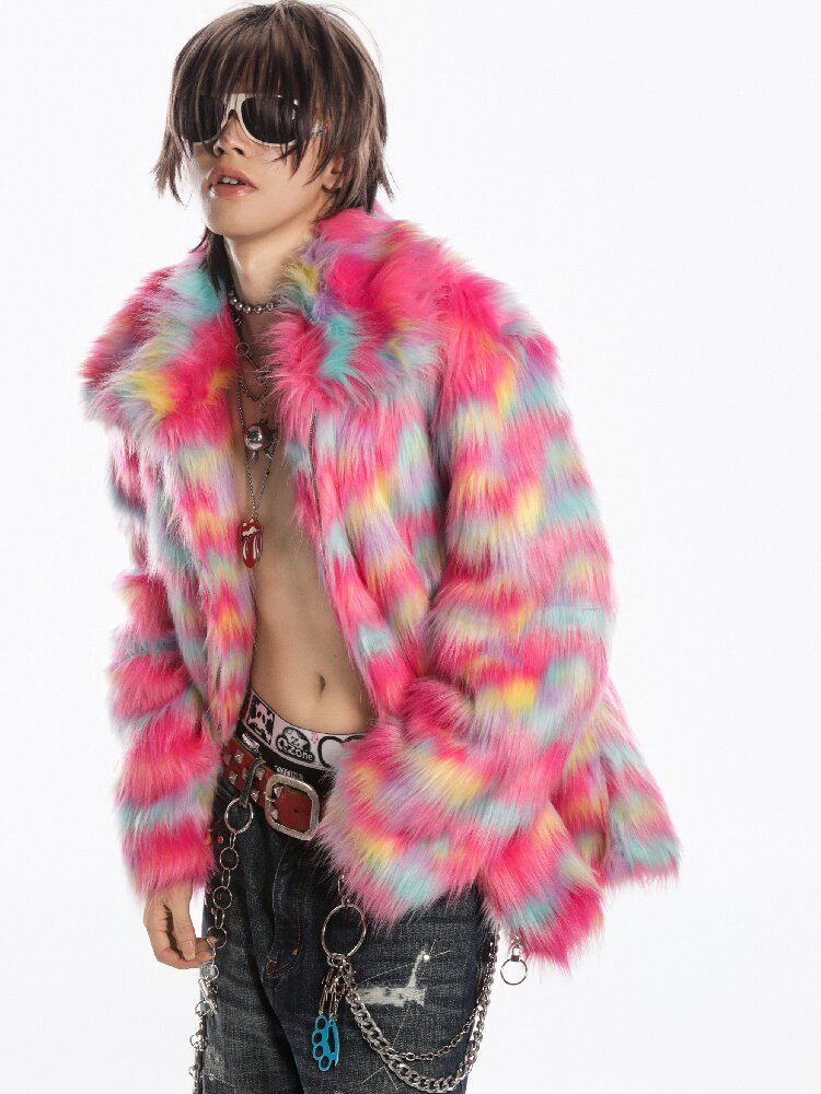 Rainbow Colorful Faux Fur Coat【s0000019281】