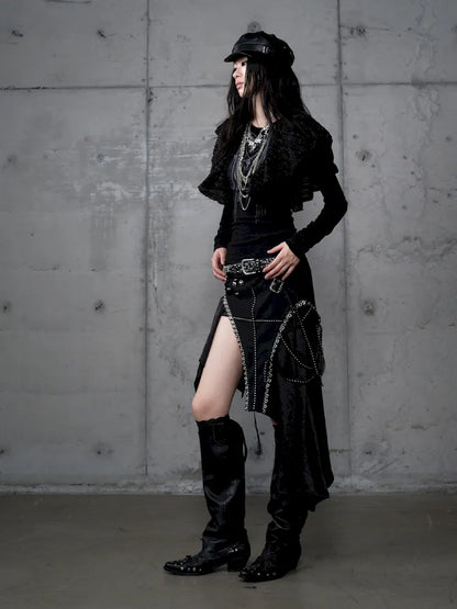 Asymmetric Leather-Satin Skirt【s0000013944】