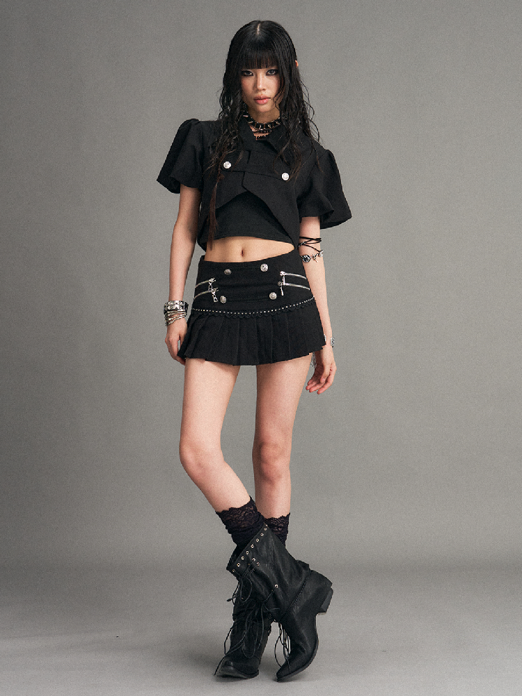 Dark Puff Sleeve Short Suit Top【s0000017524】