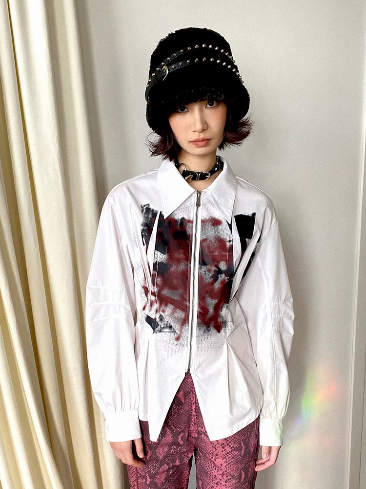 Drop Shoulder Waisted Printed Long Sleeve Shirt【s0000011641】