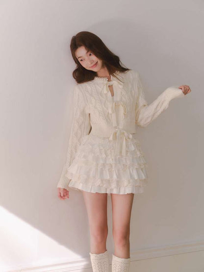 Crochet-Tied Bow Short Knit Cardigan【s0000014611】