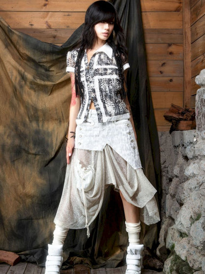 Patchwork Versatile Mesh Asymmetric Skirt【s0000013898】