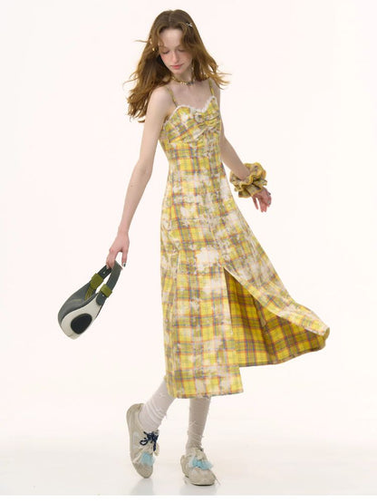 Grid Tie-Dye Split Sling Dress【s0000012258】