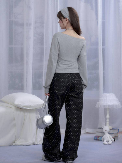 Gray slanted shoulder T-shirt【s0000014371】