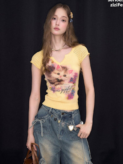 Warm Yellow Cat Print Knitted T-Shirt【s0000017148】