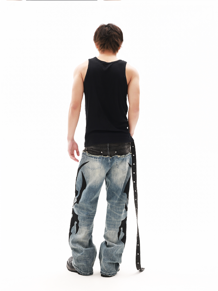 Ribbon Denim Patchwork Wide Jeans【s0000018307】