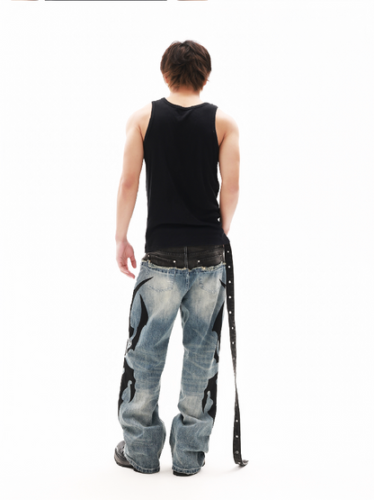 Ribbon Denim Patchwork Wide Jeans【s0000018307】