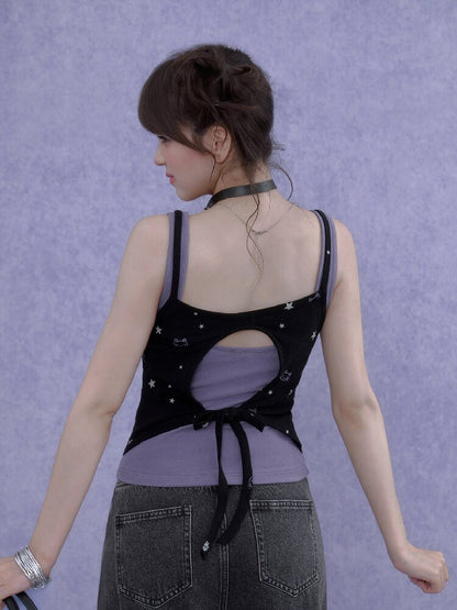 Black Purple Print Hollow Camisole【s0000016648】