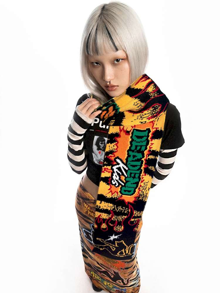 Tiger Print Knitted Scarf Contrast Y2K Trend【s0000014916】