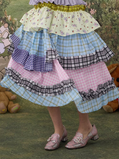 Plaid Print Cotton Lace Midi Skirt【s0000017119】