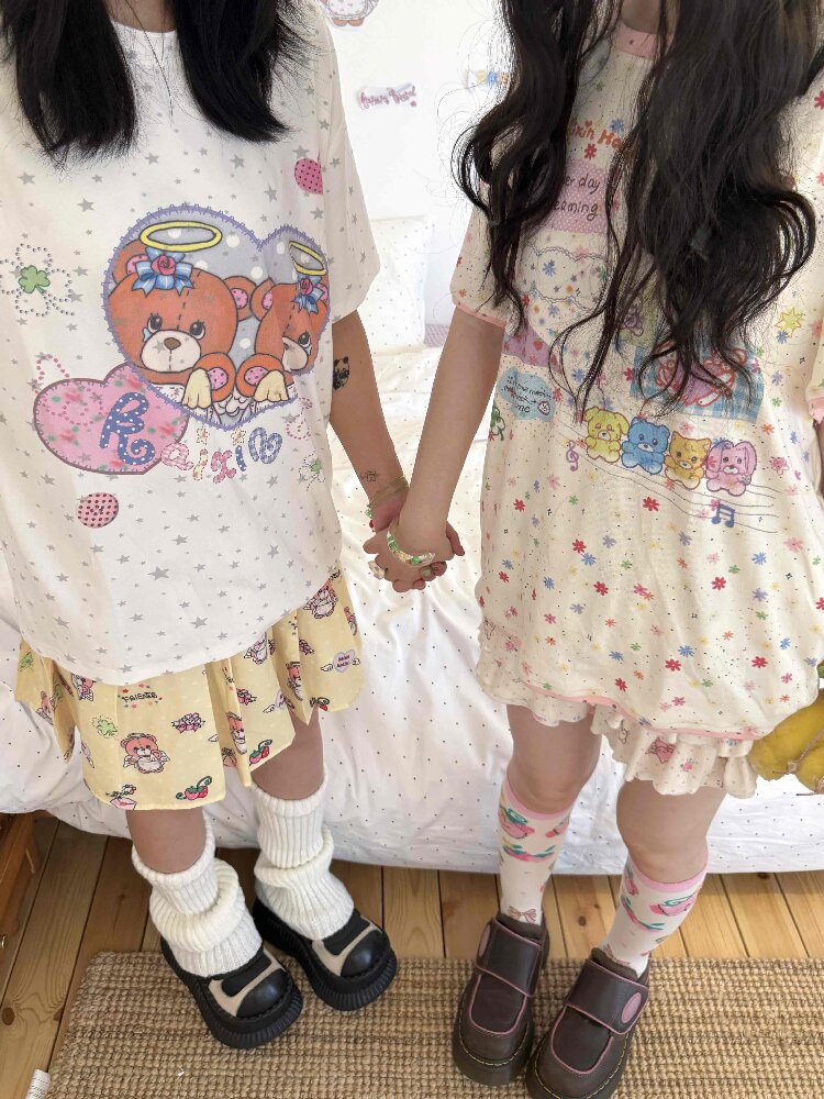 Bear Heart Print Star Loose T-Shirt【s0000017510】