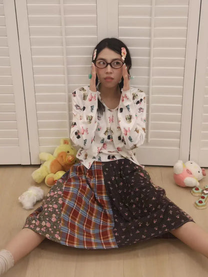 Plaid Floral Patchwork Pleated Skirt 【s0000013972】