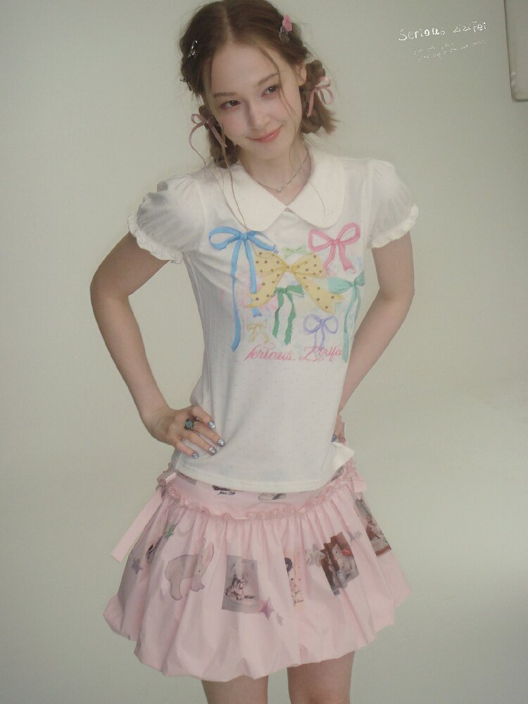 Puff Sleeve Bow Print T-Shirt【s0000016617】