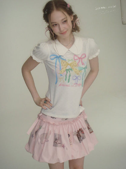 Puff Sleeve Bow Print T-Shirt【s0000016617】