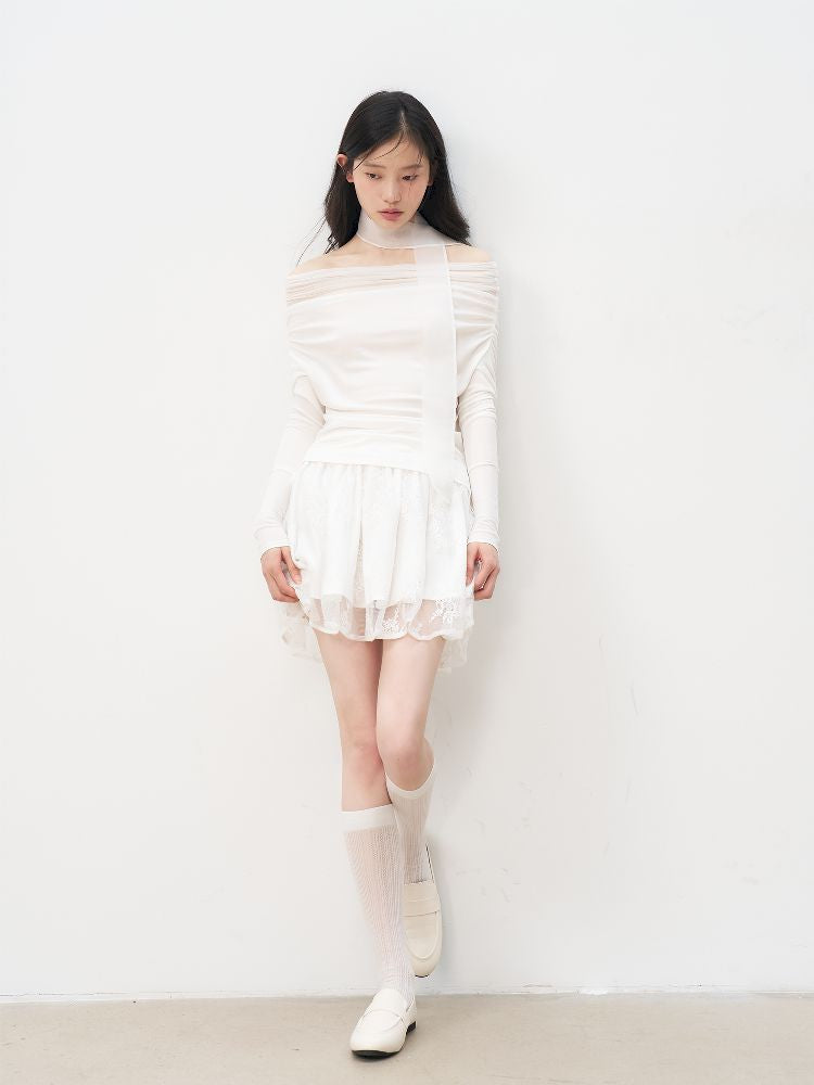 One Shoulder Top + Lace Embroidered Half Skirt【s0000011955】