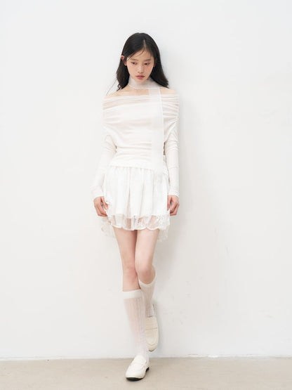 One Shoulder Top + Lace Embroidered Half Skirt【s0000011955】