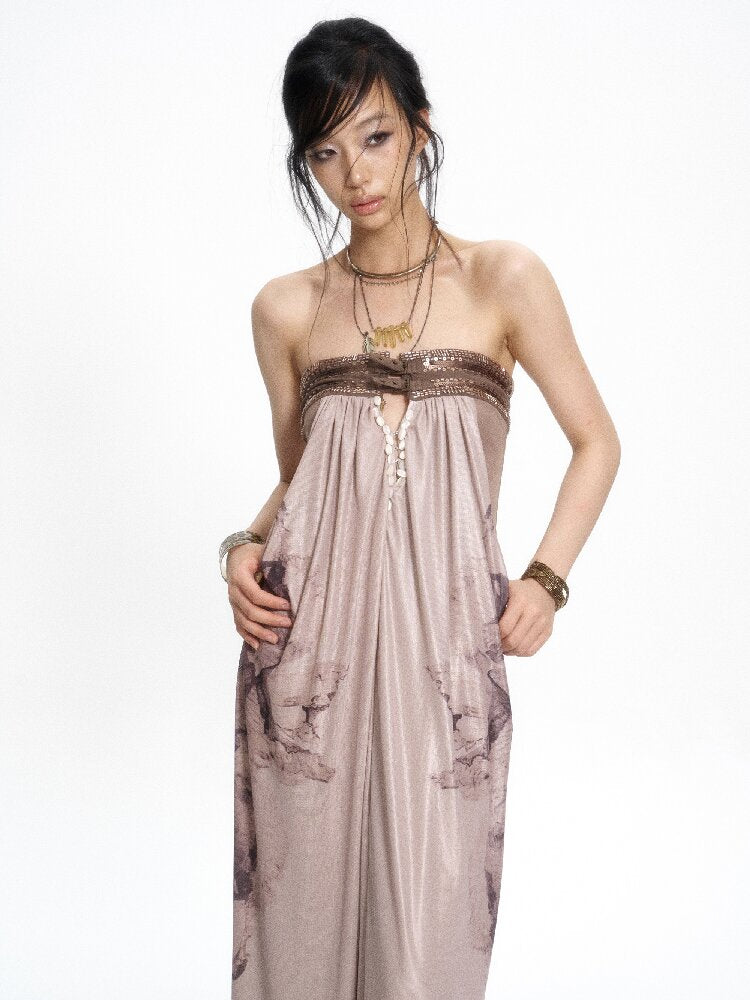 Knit Patchwork Mesh Printed Dress【s0000017652】