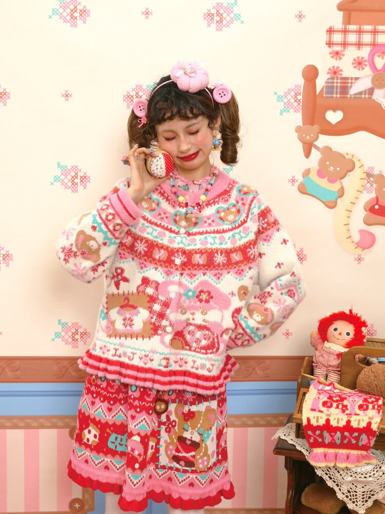 Red Pink Mink Wool Rabbit Cardigan【s0000015572】