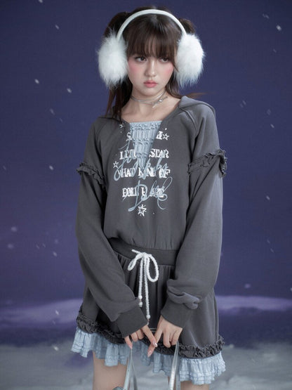 Gray Blue Print Lace Hoodie Dress【s0000015471】