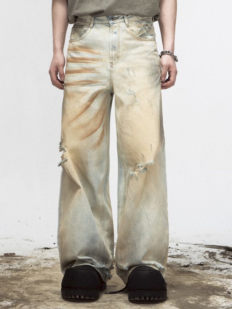 YELLOW MUD DYED WASHED OLD WORN HOLES STRAIGHT JEANS [S0000008491]