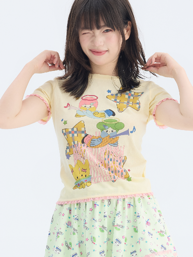 Star Angel Print Lace Short Sleeve Tee【s0000017696】