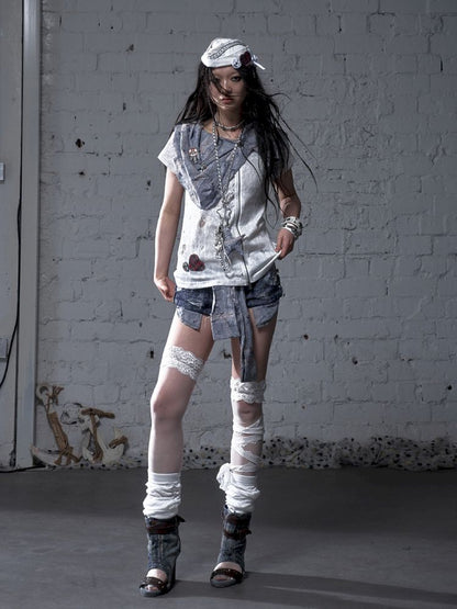 Faux two-piece distressed short-sleeved T-shirt【s0000012790】