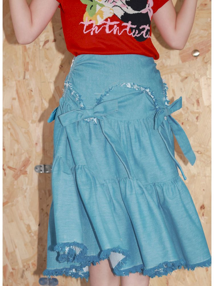 Bow Fringe Patchwork Denim Skirt【s0000013928】