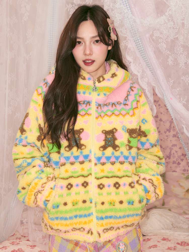 Yellow Bear Geometric Rocker Plush Jacket【s0000014822】