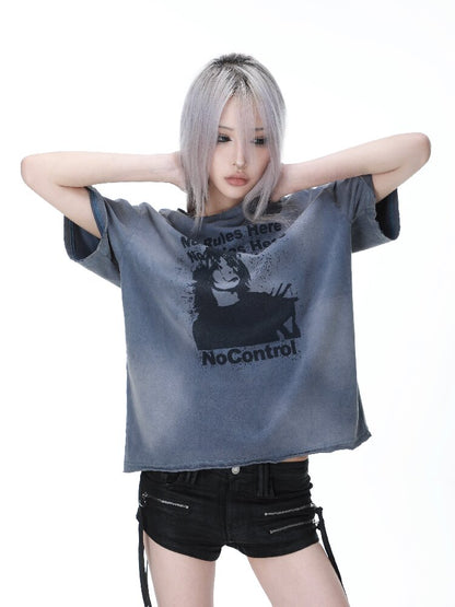 Vintage Print Distressed Washed T-Shirt【s0000017299】