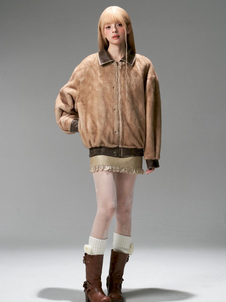 Lace Tie Brown Washed Scrub Color Fur Coat【s0000005321】