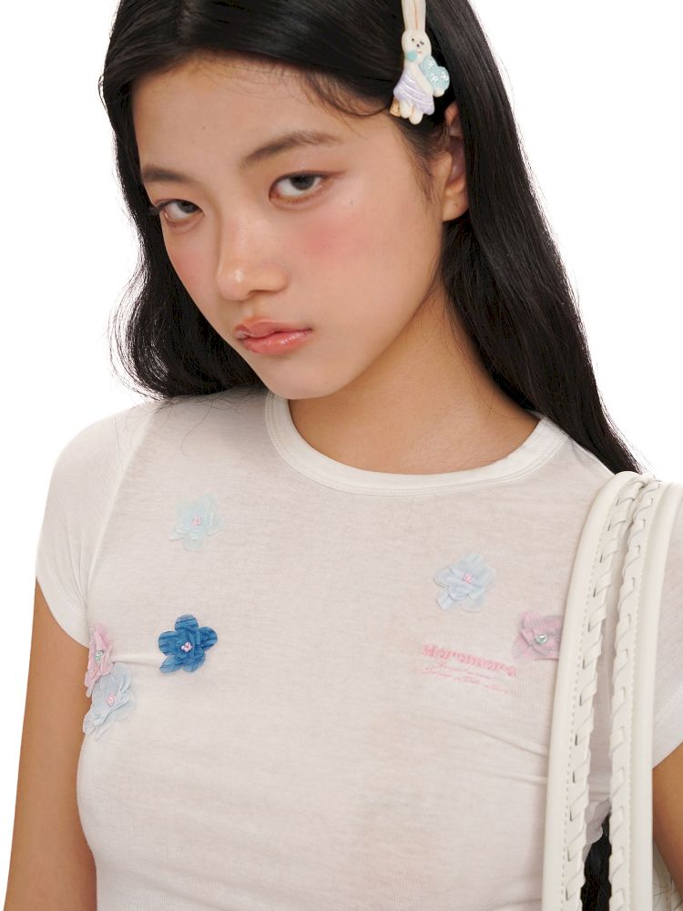 Irregular flowers Slim short-sleeved T-shirt【s0000013444】