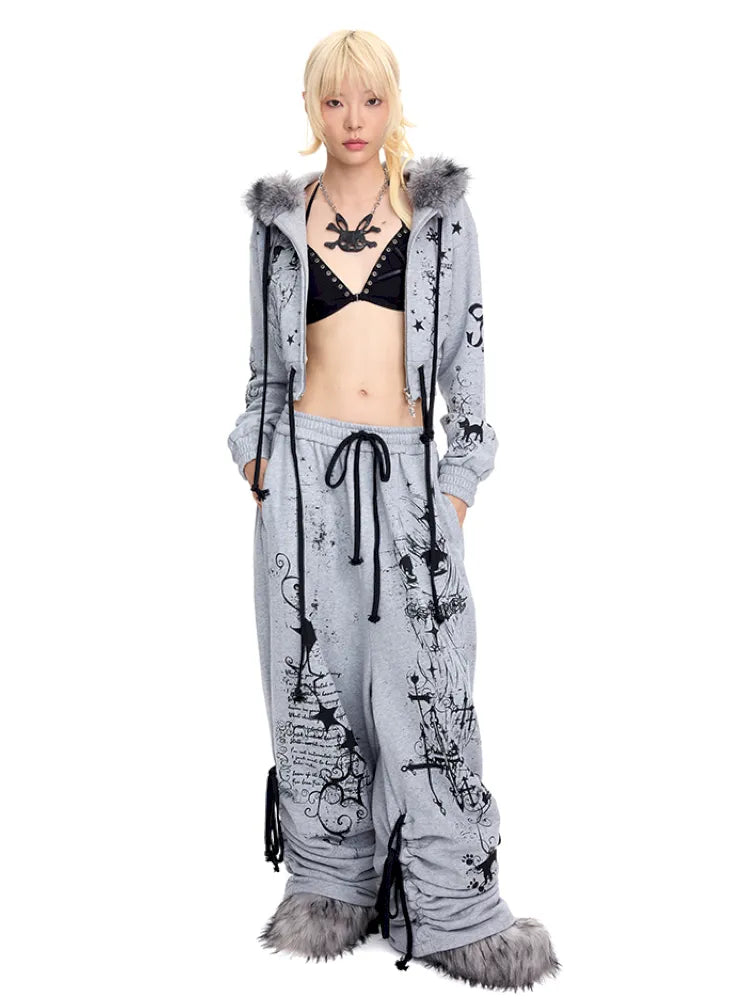 Doodle Print Puffy Drawstring Sweatpants【s0000014092】