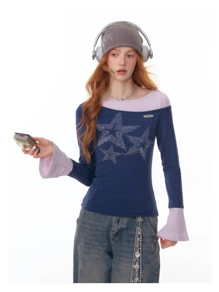 Star Print Dark Blue Long Sleeve T-Shirt【s0000014361】