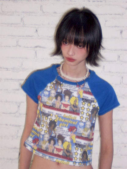 Manga Full Print Short Plunging Short Sleeve T-Shirt【s0000012433】