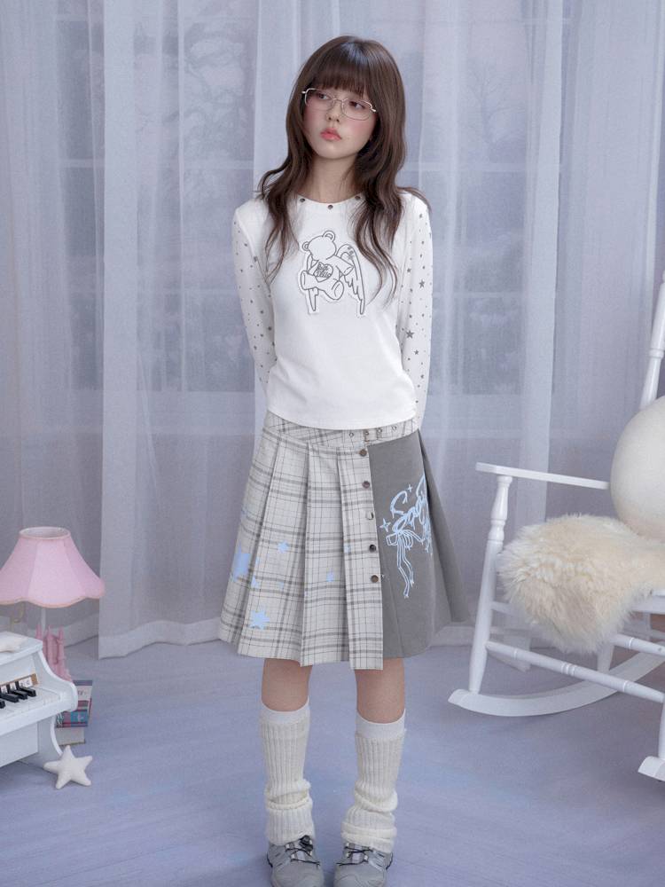 Check Graffiti Print Midi Skirt【s0000014365】