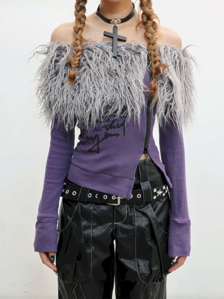 Hairy One-Shoulder Slim Print Knit T-Shirt【s0000014828】