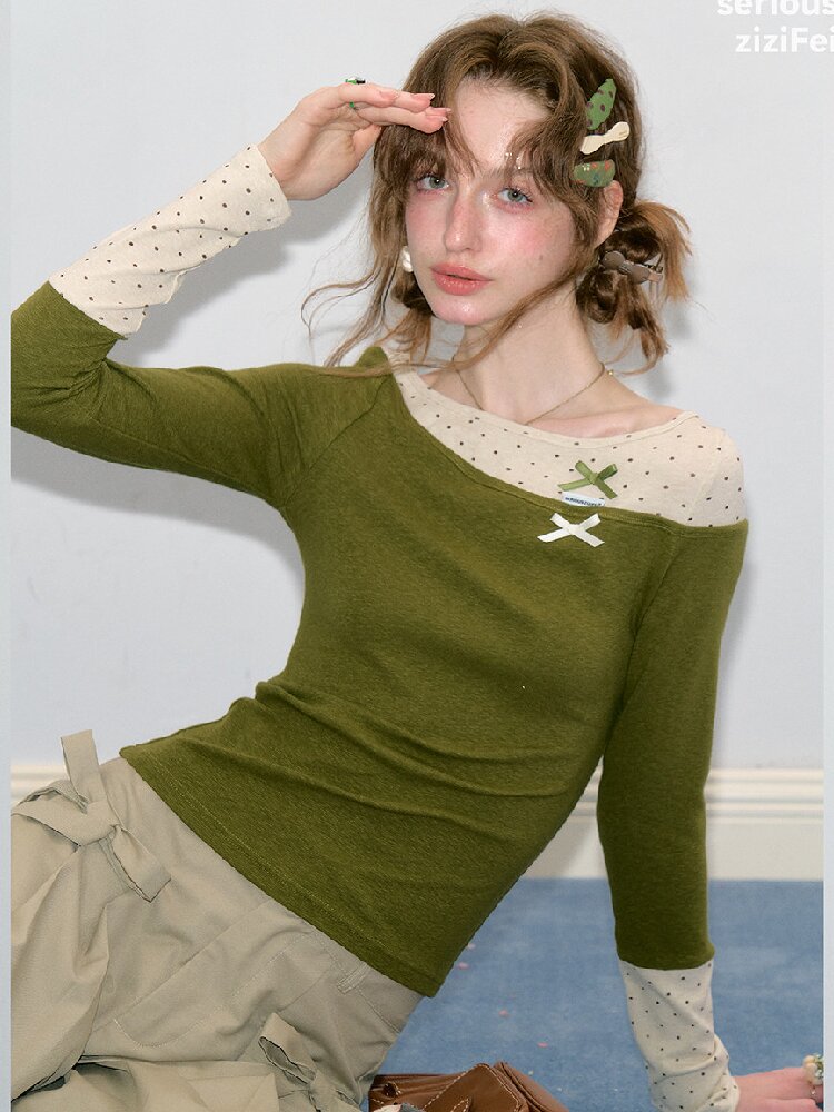 Polka Dot Patchwork Knit Top【s0000017891】