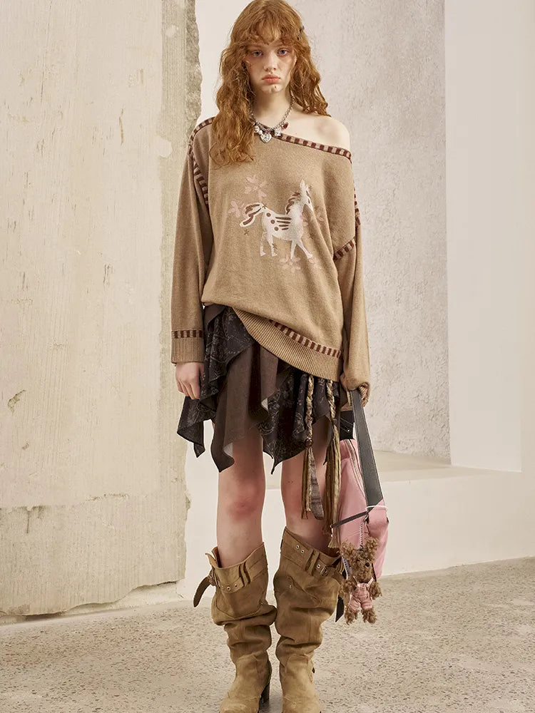 Off-the-shoulder poncho print knit sweater【s0000014063】