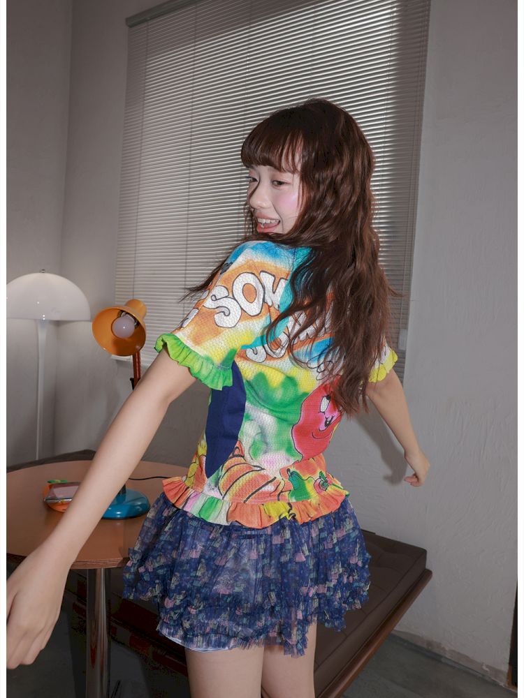 Colorful quirky heart-print T-shirt【s0000012824】