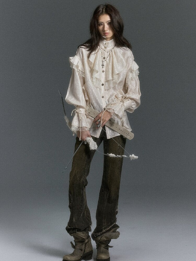 Patchwork Pearlescent Ruffled Stand Collar Shirt【s0000019242】